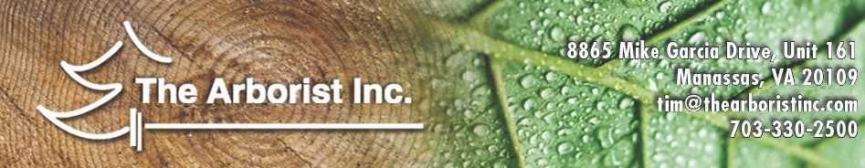 Header banner for The Arborist Inc. includes basic contact information.